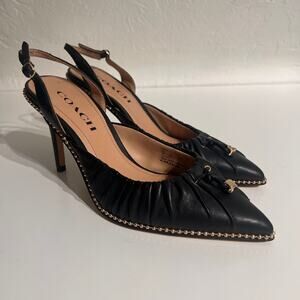 Coach Black Leather Slingback Heels w/ Gold Bead Detail | Size 7